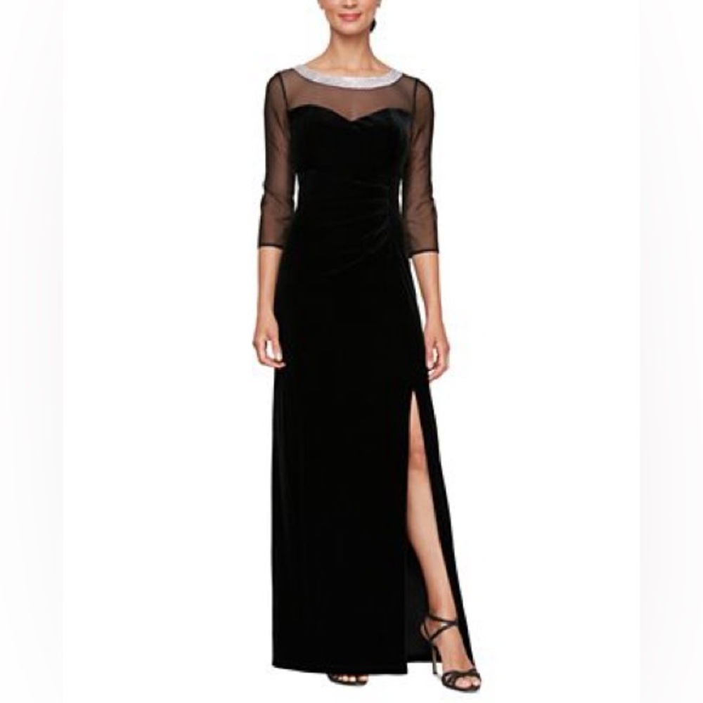 Alex Evenings Black Velvet Evening Gown with Sheer Sleeves and Silver Neckline